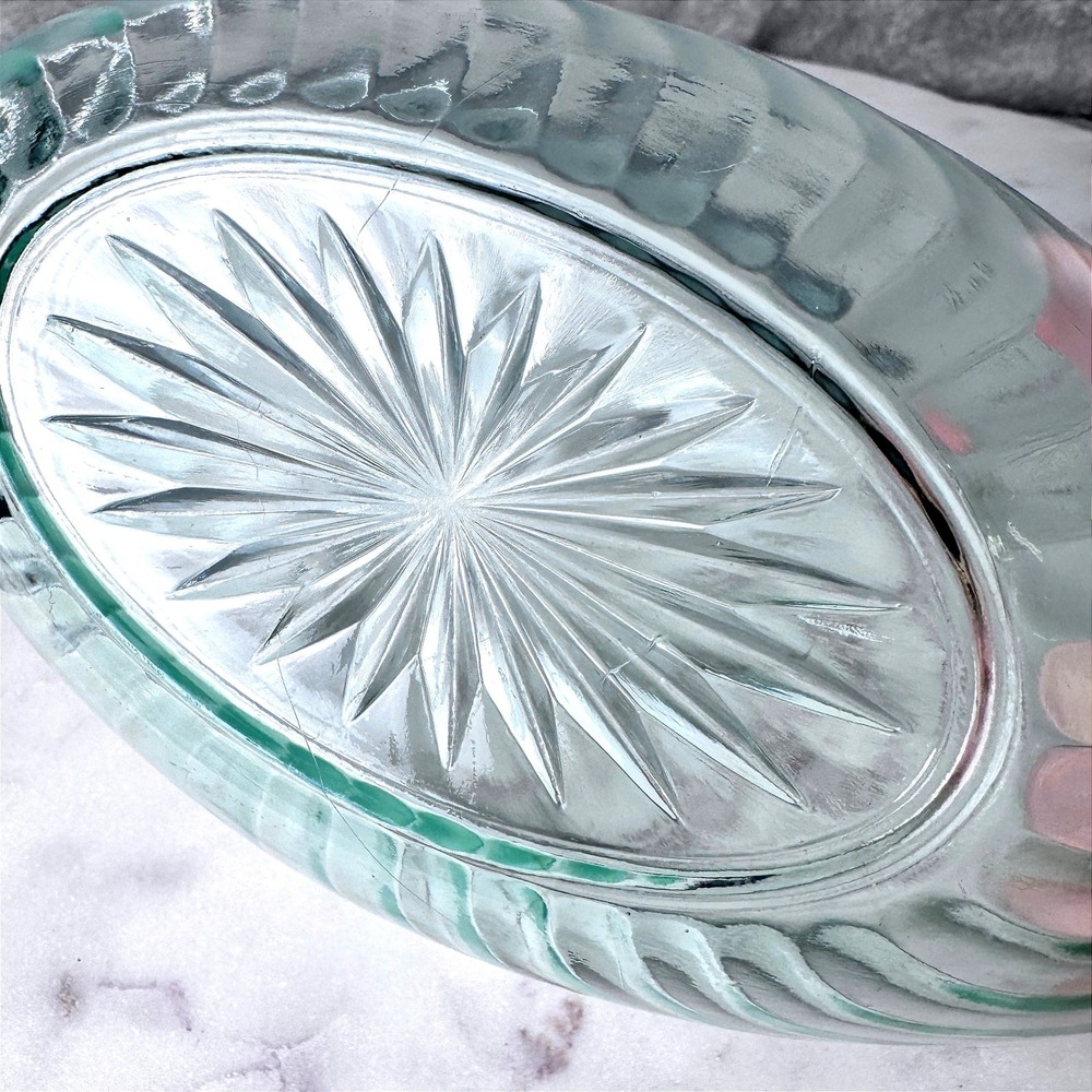 Green Uranium Glass Oval Bowl Swirl Pattern UV‎ Vaseline Vintage Starburst Base - Picture 9 of 10